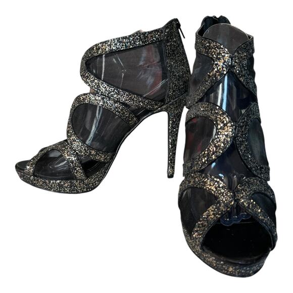 Express Gold & Silver 5” Platform stiletto heels mesh sides back zipper size 10 - Picture 3 of 12